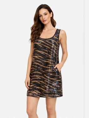 DKNY Sequin Animal Print Dress Small Black Tan Pockets Party Chic